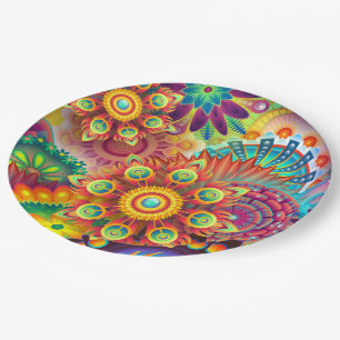 Multicolored Art Deco Flower Shapes Pattern Paper Plate