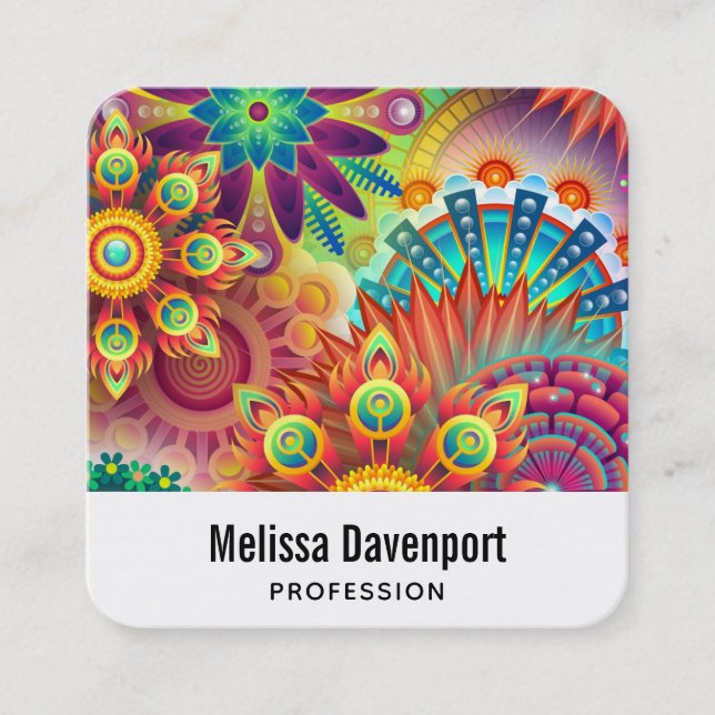 Multicolored Art Deco Flower Shapes Pattern Square Business Card (Front)
