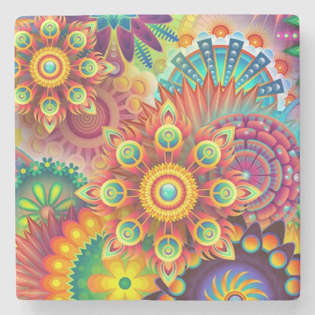Multicolored Art Deco Flower Shapes Pattern Stone Coaster (Front)