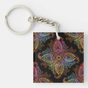 Multicolored Beautiful Paisley on Black Keychain