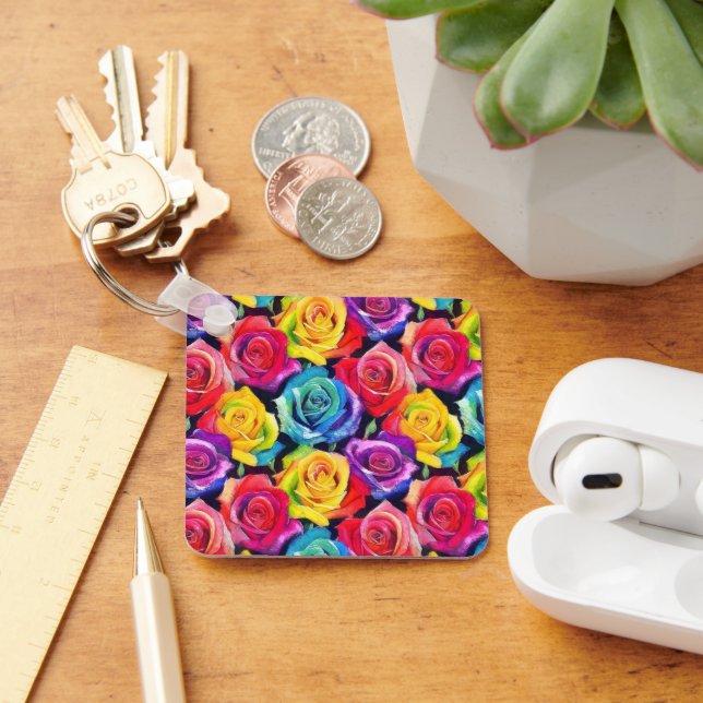 Multicolored bright roses, watercolor floral art keychain (Desk)