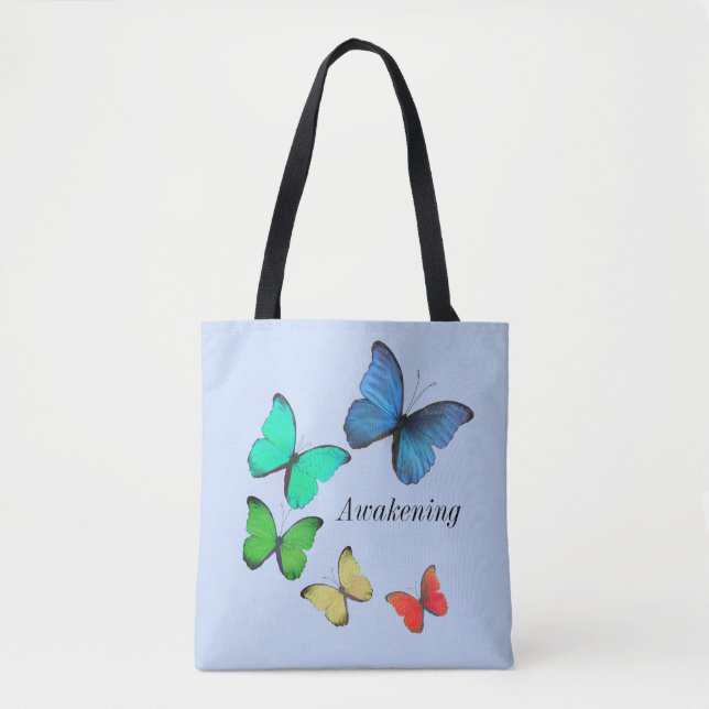 Multicolored Butterflies on Light Blue Tote Bag (Front)
