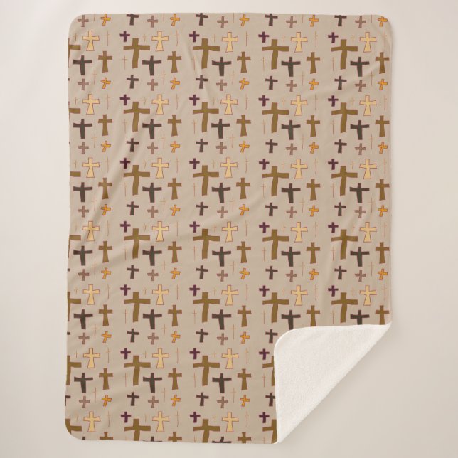 Multicolored Christian Crosses on Beige Sherpa Blanket (Front)