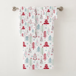 Multicolored Christmas trees on a white  Bath Towel Set