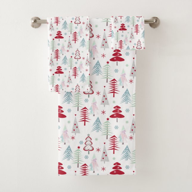 Multicolored Christmas trees on a white  Bath Towel Set (Insitu)