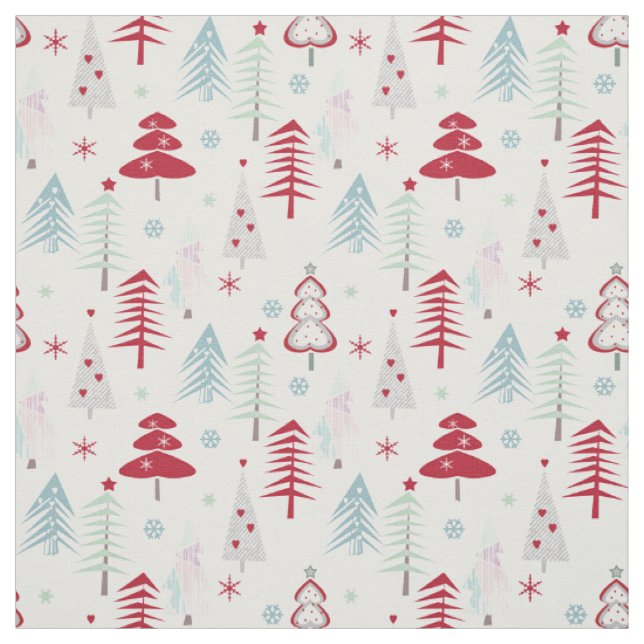 Multicolored Christmas trees on a white  Fabric (Swatch)