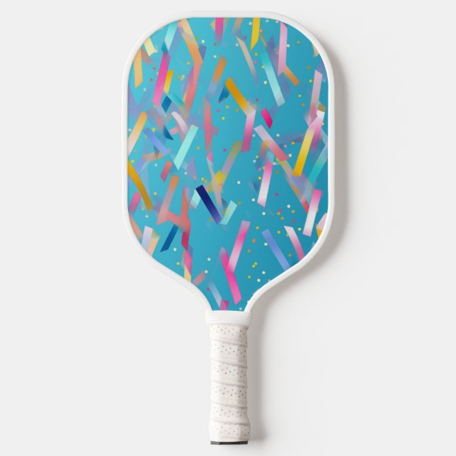 Multicolored confetti background on blue pickleball paddle (Front)