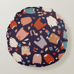 Multicolored, cozy sweaters, warm, autumn, winter. round pillow
