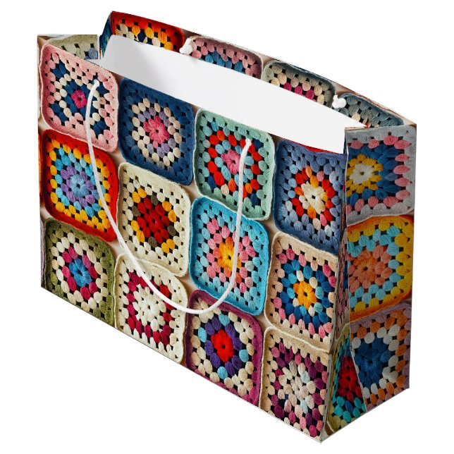 Multicolored Crocheted Granny Square Quilt Large Gift Bag (Back Angled)