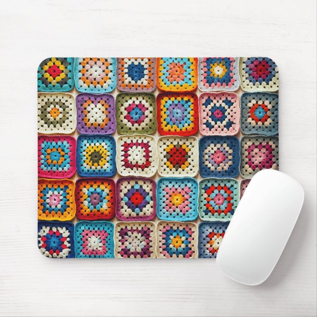 Multicolored Crocheted Granny Square Quilt Mouse Pad (With Mouse)