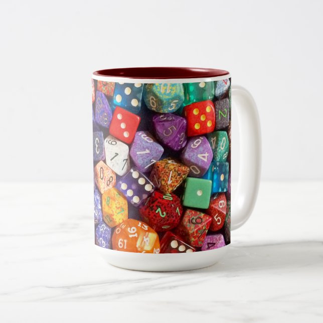 multicolored dice Two-Tone coffee mug (Front Right)