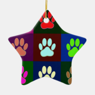 Multicolored Dog Paw Print Pattern Ceramic Ornament