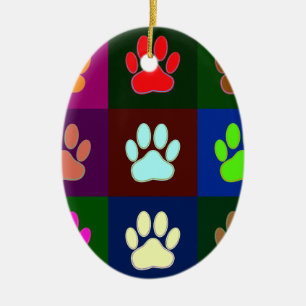 Multicolored Dog Paw Print Pattern Ceramic Ornament