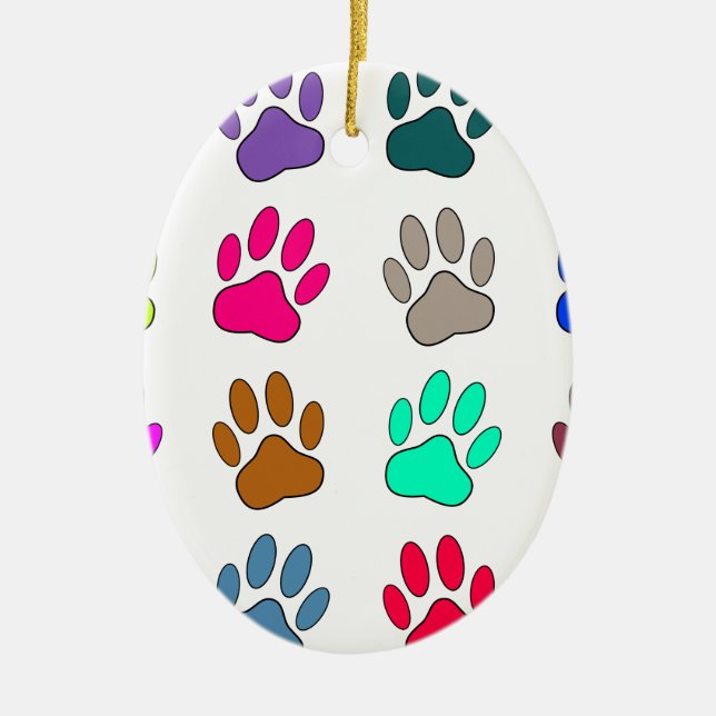 Multicolored Dog Paw Print Pattern Ceramic Ornament (Front)