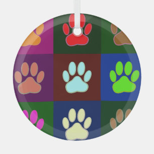 Multicolored Dog Paw Print Pattern  Glass Ornament