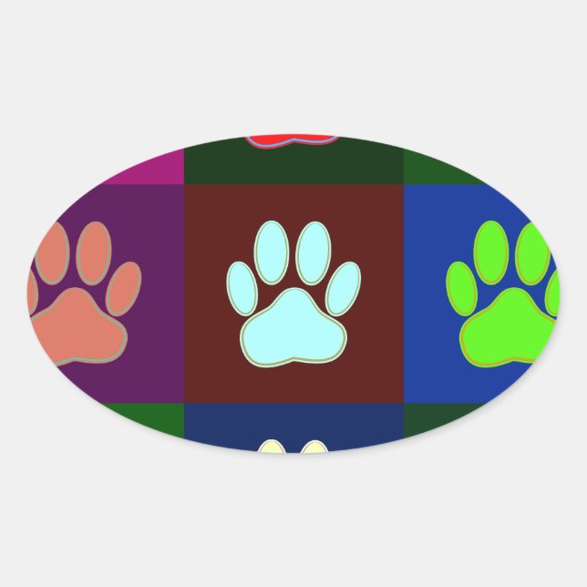 Multicolored Dog Paw Print Pattern Oval Sticker (Front)