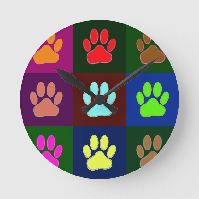 Multicolored Dog Paw Print Pattern Round Clock (Front)