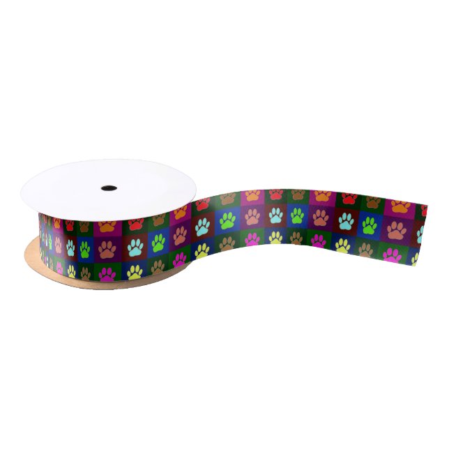 Multicolored Dog Paw Print Pattern Satin Ribbon (Spool)