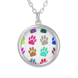 Multicolored Dog Paw Print Pattern Silver Plated Necklace