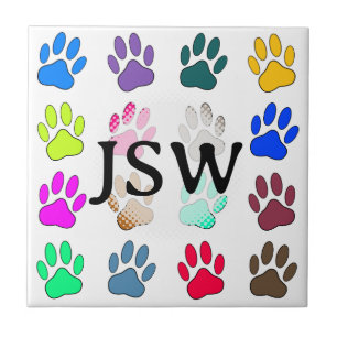 Multicolored Dog Paw Print Pattern Square Initials Tile