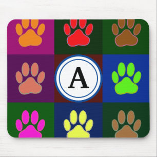 Multicolored Dog Paw Print Pattern With Monogram Mouse Pad