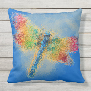 Multicolored Dragonfly Art (blue) Outdoor Pillow