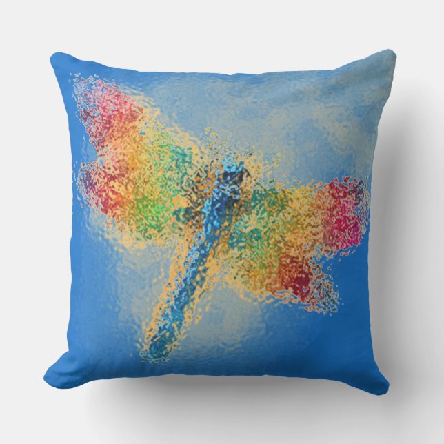 Multicolored Dragonfly Art (blue) Outdoor Pillow (Front)