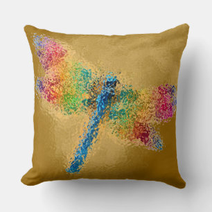 Multicolored Dragonfly Gold Throw Pillow