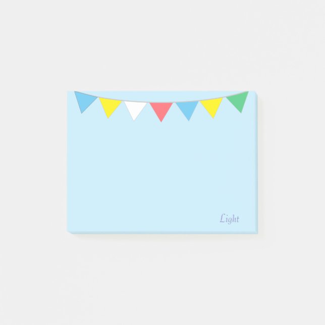 Multicolored flags & calligraphy on light blue post-it notes (Front)