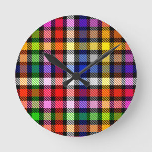 Multicolored Flannel Twill Plaid Tartan On Black  Round Clock