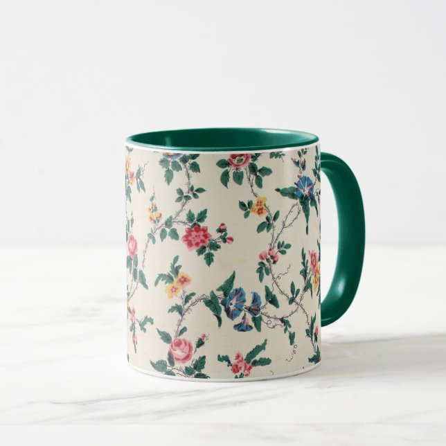 Multicolored flower pattern green trim, mug (Front Right)