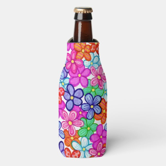 Multicolored Flowers Floral Illustration Pattern Bottle Cooler (Bottle Front)