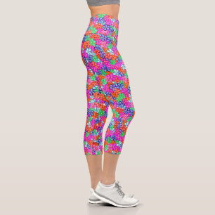 Multicolored Flowers Floral Illustration Pattern Capri Leggings