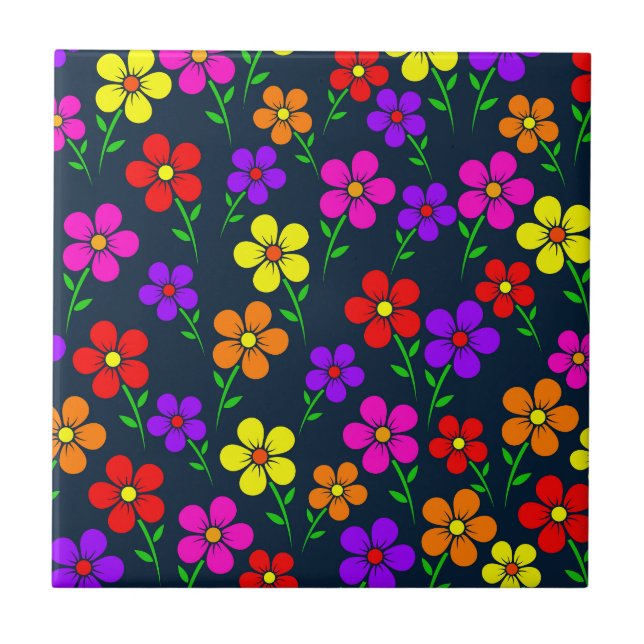 Multicolored Flowers Floral Pattern Tile (Front)