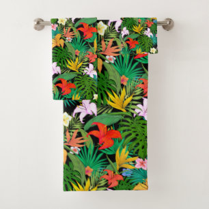 Multicolored Flowers & Palm Leaves on Black Bath Towel Set
