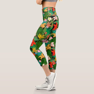 Multicolored Flowers & Palm Leaves on Black Capri  Leggings
