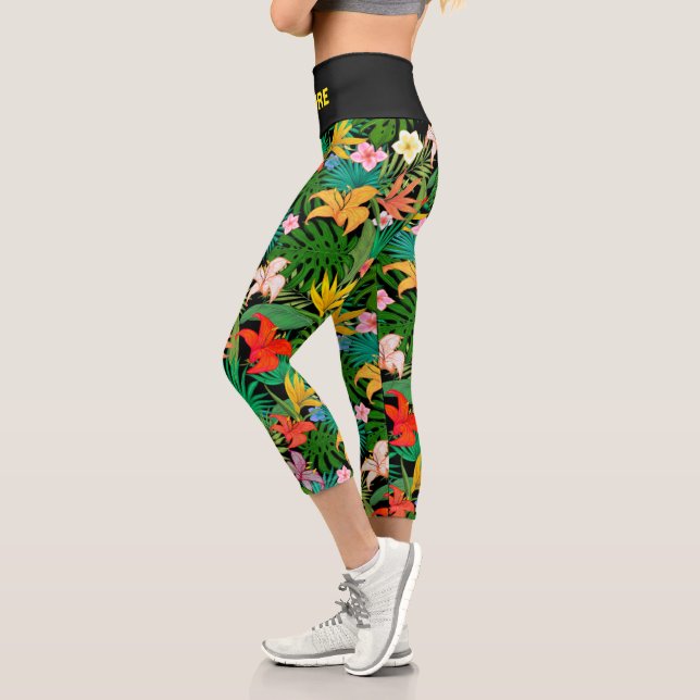 Multicolored Flowers & Palm Leaves on Black Capri Leggings (Left)