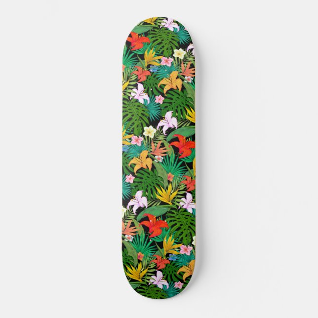 Multicolored Flowers & Palm Leaves on Black Skateboard (Front)