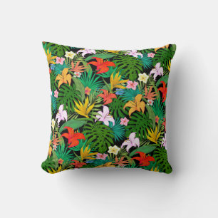 Multicolored Flowers & Palm Leaves on Black Throw Pillow
