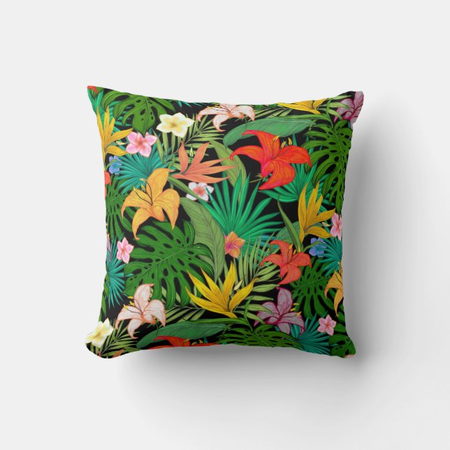 Multicolored Flowers & Palm Leaves on Black Throw  Throw Pillow (Front)