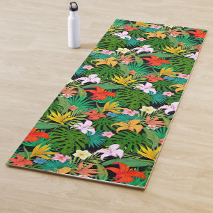 Multicolored Flowers & Palm Leaves on Black Yoga Mat