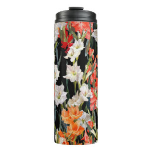 Multicolored Gladiolus: Black Background Watercolo Thermal Tumbler