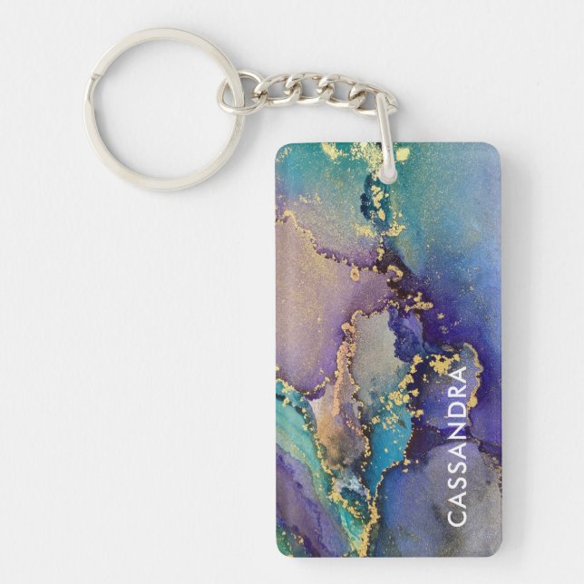 Multicolored Gold Alcohol Ink Liquid Abstract Art Keychain (Front)