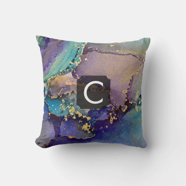 Multicolored Gold Alcohol Ink Liquid Art Monogram Throw Pillow (Front)