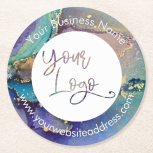 Multicolored Gold Liquid Abstract Art Your Logo Round Paper Coaster