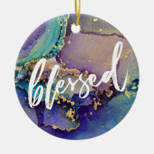 Multicolored & Gold Marbled Liquid Art Blessed Ceramic Ornament