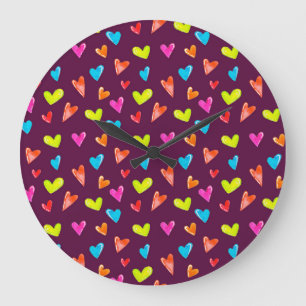 Multicolored Hearts: Watercolor Purple Pattern. Large Clock