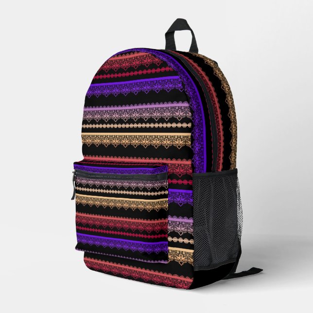 Multicolored lace on black printed backpack (Back Corner Right)