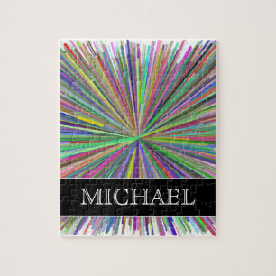 Multicolored Line Burst Pattern + Custom Name Jigsaw Puzzle