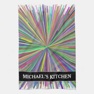 Multicolored Line Burst Pattern + Custom Name Kitchen Towel